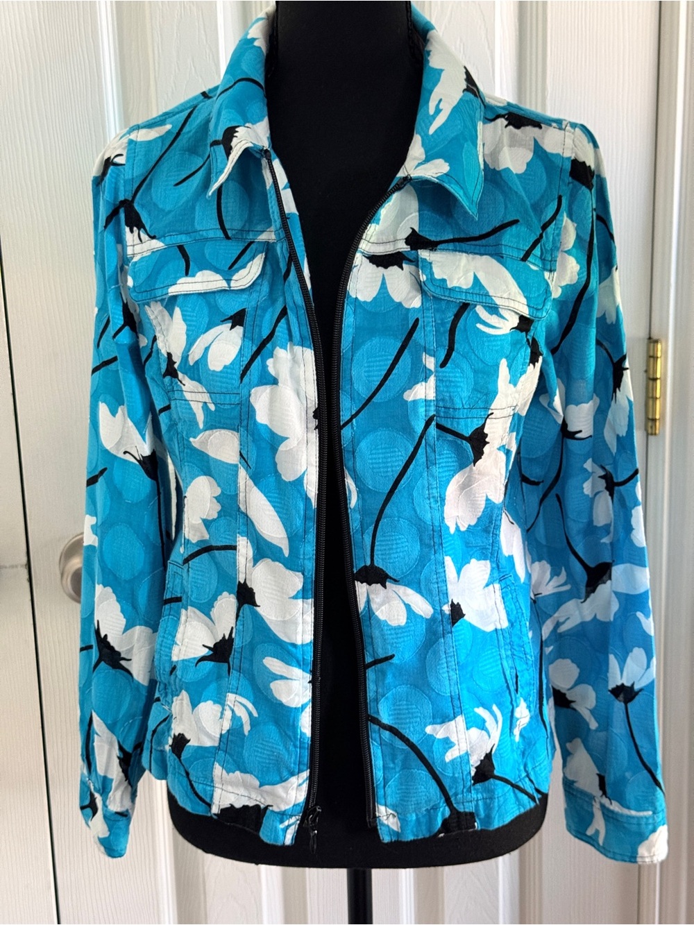 Molly & Maxx Petite Blue Floral Zip Up Utility Jacket PM EUC